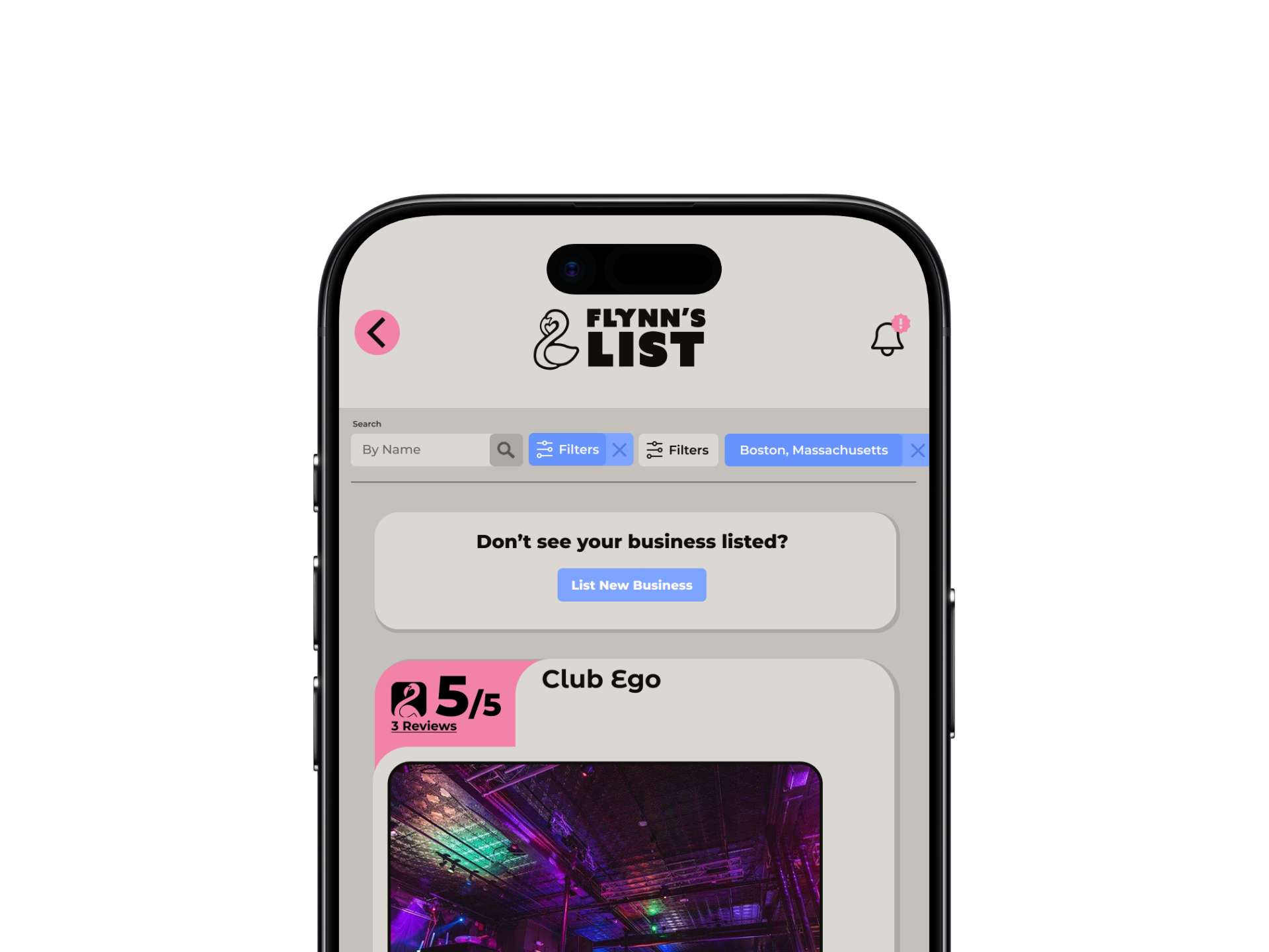Engayge LGBTQ+ social network app showing Flynn's List — find queer-friendly venues near you